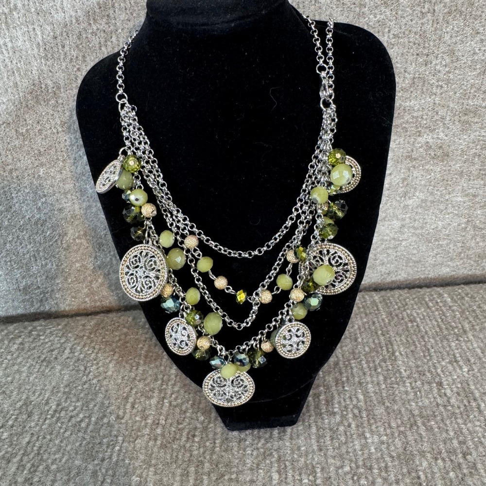 Boho Tree of Life Statement Necklace Green Crystal Beaded Silver Tone